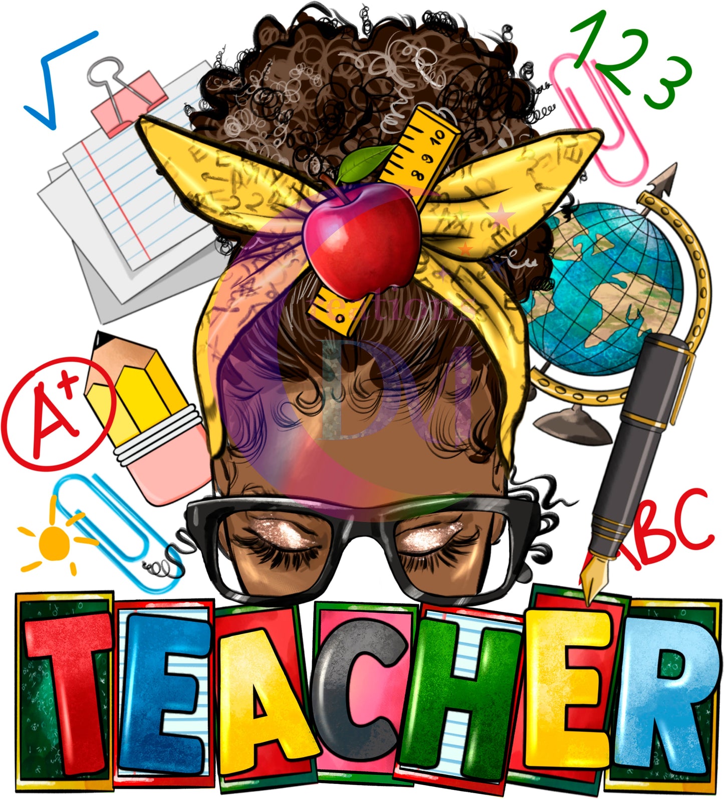 Teacher DTF - Afro messy teacher appreciation with letters DTF