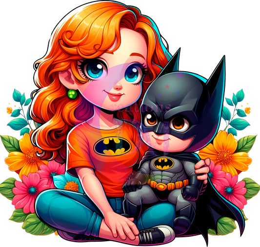 mothers day cartoon DTF - batman mom and baby