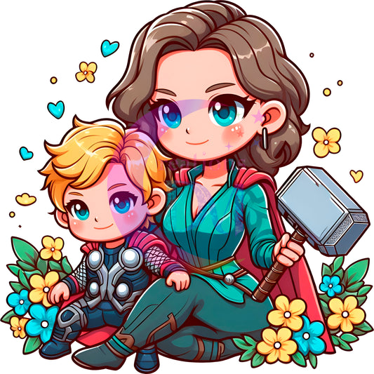 mothers day cartoon DTF - Thor mom and baby