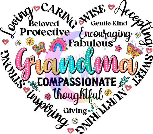mothers day DTF - " grandma with inspirational words inside of heart "