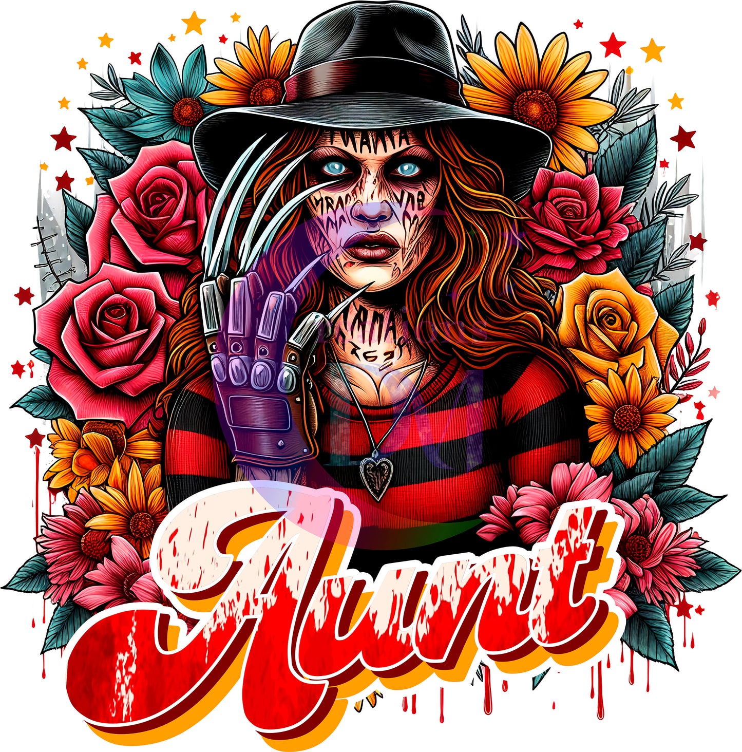 Mother's Day DTF personalization - Freddy Krueger "AUNT" flowers personalize add baby name