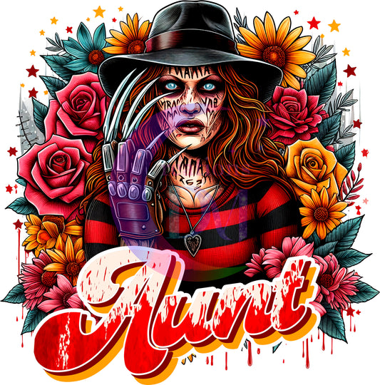 Mother's Day DTF personalization - Freddy Krueger "AUNT" flowers personalize add baby name