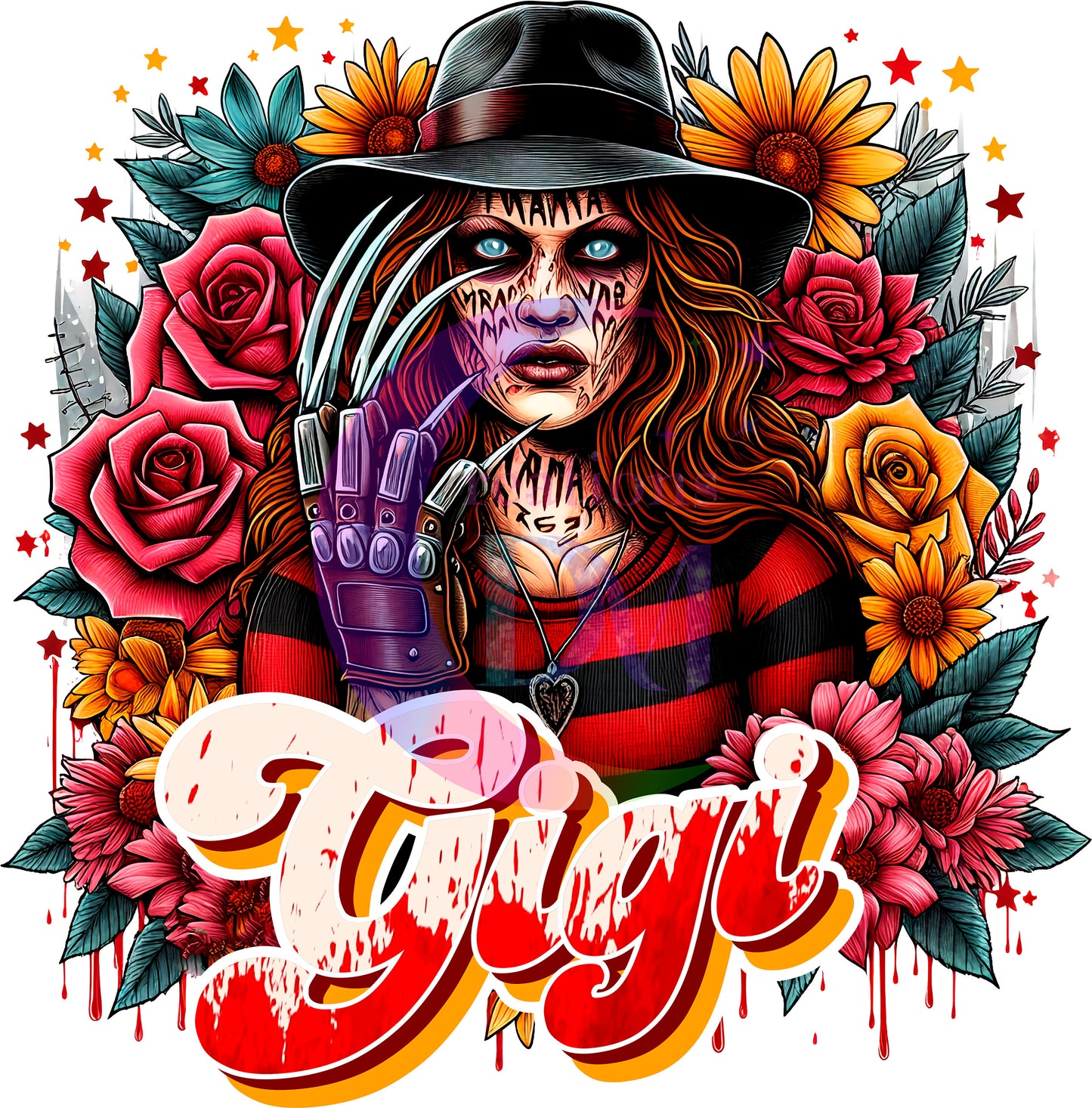 Mother's Day DTF personalization - Freddy Krueger "GIGI" flowers personalize add baby name