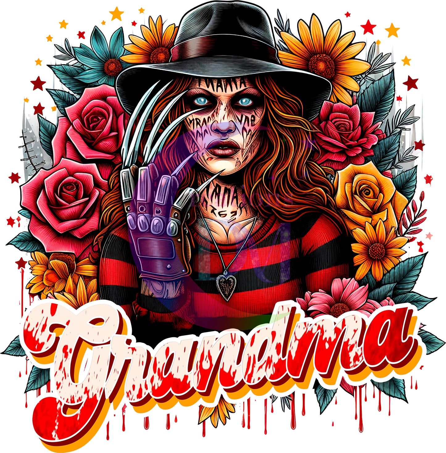 Mother's Day DTF personalization - Freddy Krueger "GRANDMA" flowers personalize add baby name