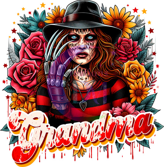 Mother's Day DTF personalization - Freddy Krueger "GRANDMA" flowers personalize add baby name