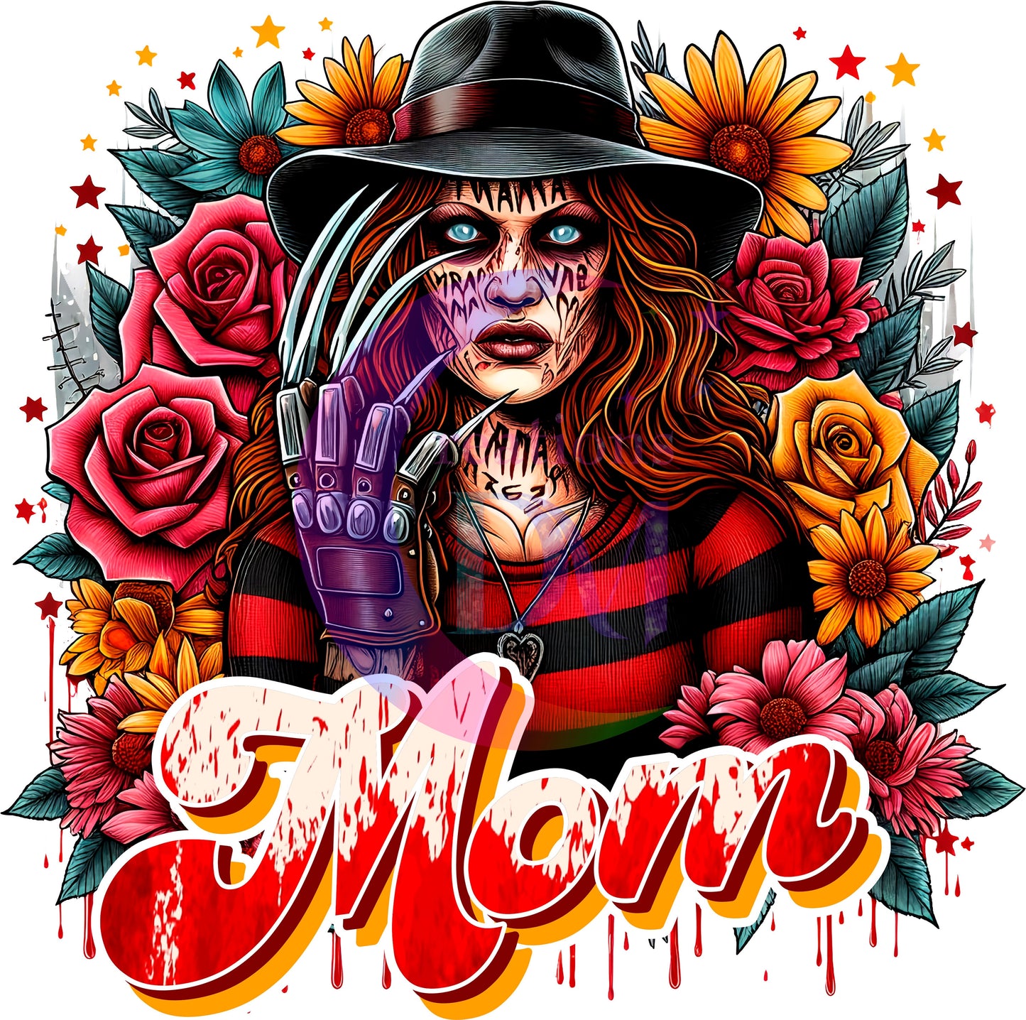 Mother's Day DTF personalization - Freddy Krueger "MOM" flowers personalize add baby name