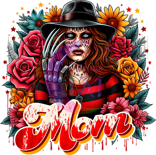 Mother's Day DTF personalization - Freddy Krueger "MOM" flowers personalize add baby name