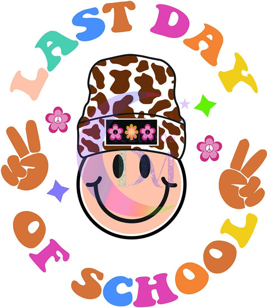 last day of school DTF - last day of school smiley face with cow print hat
