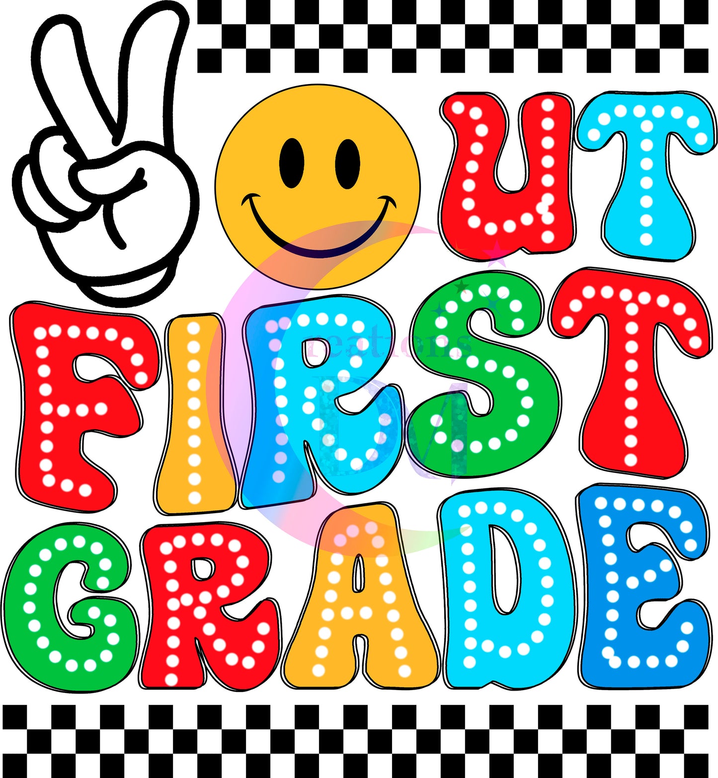 Graduate DTF - peace out first grade smiley face and checkers