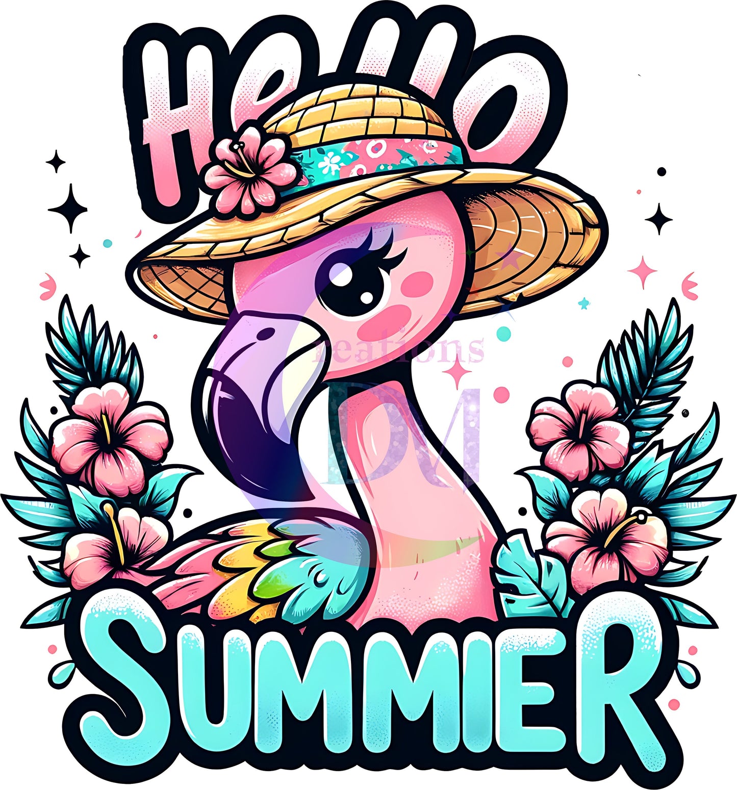 hello summer DTF - hello summer vibrant - colorful baby flamingo