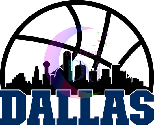 Dallas mavericks DTF - Dallas in blue with half basketball and city outline black