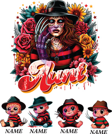 Mother's Day DTF personalization - Freddy Krueger "AUNT" flowers personalize add baby name