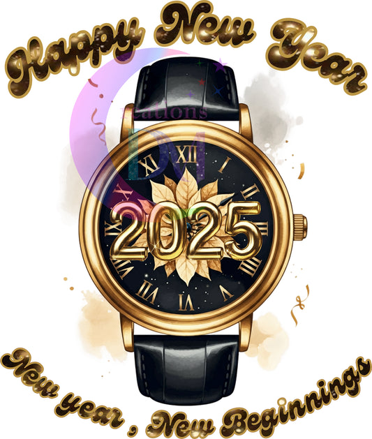 new years- hello 2025 black and gold watch