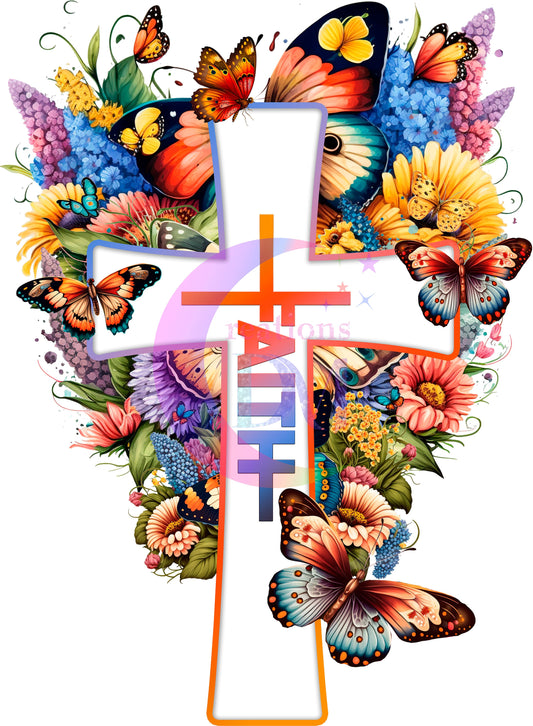 praise , cross with faith and butterflies DTF
