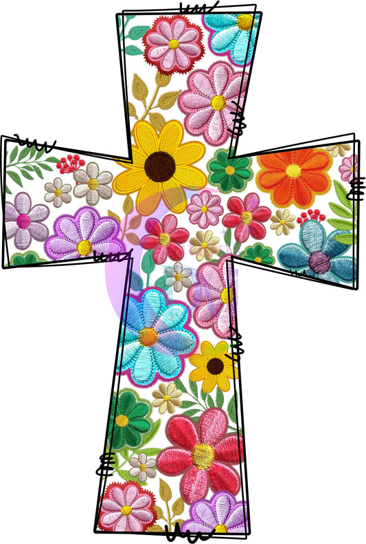 praise , cross with flowers inside , black outline dtf