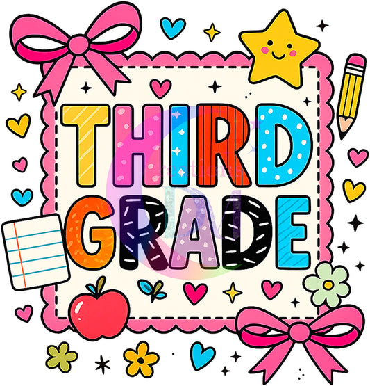 back to school DTF - School grade , pink bows -THIRD GRADE