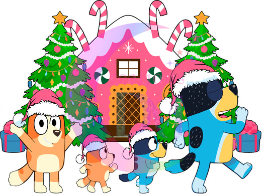 Christmas DTF - bluey - family near gingerbread house