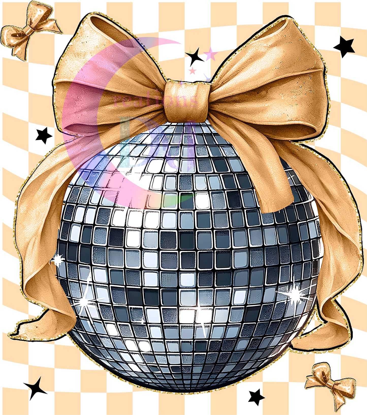 new years- blue disco ball with gold bow checkers