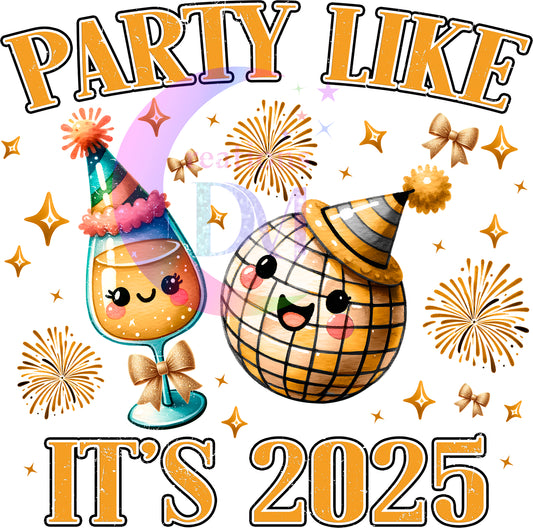 new years- party like  its 2025 , champagne glass and disco ball