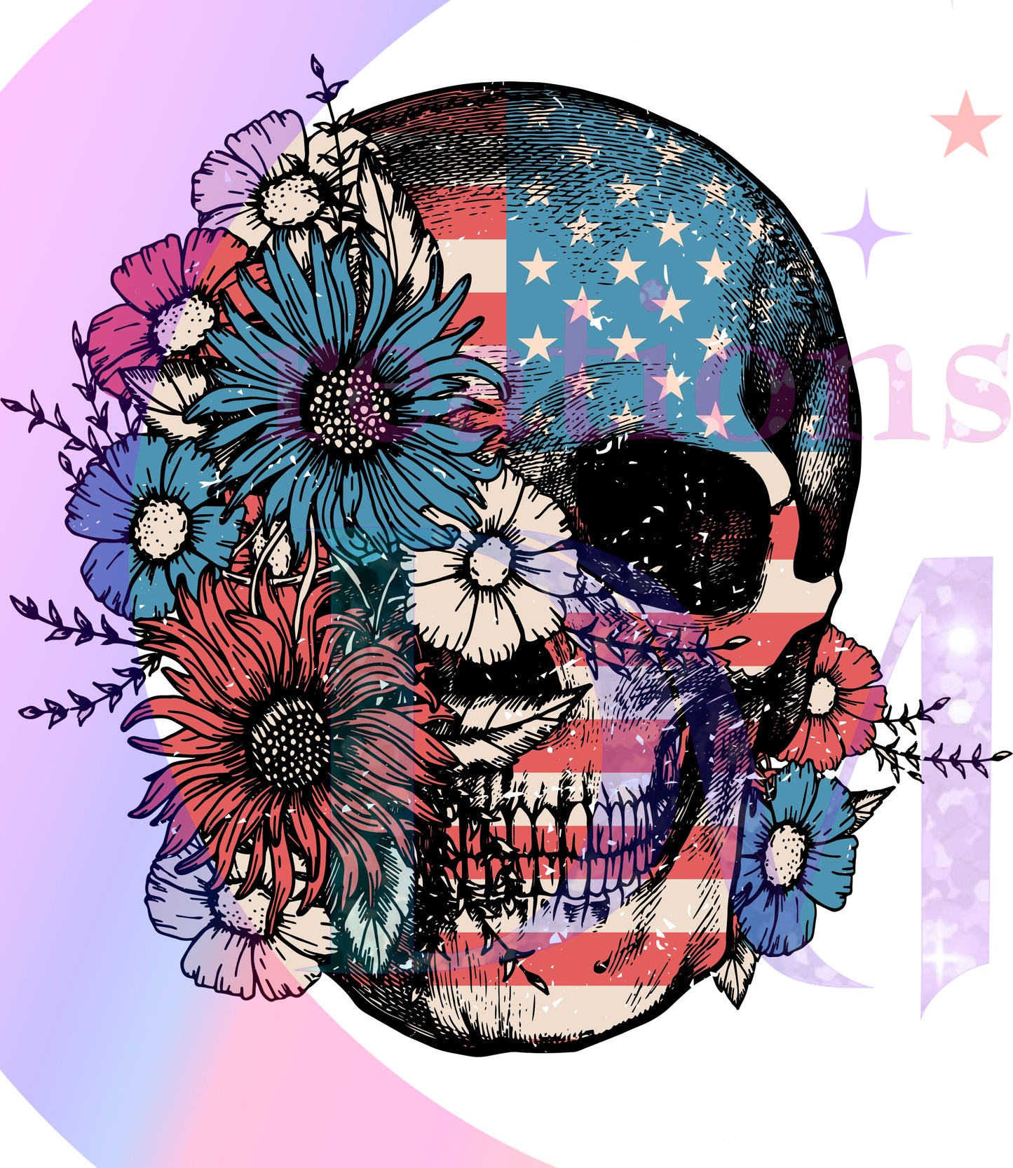 Fourth of July  -  skull with flowers
