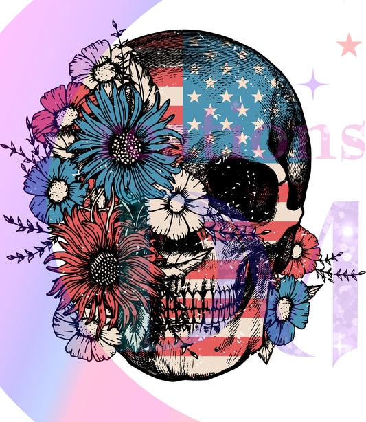 Fourth of July  -  skull with flowers