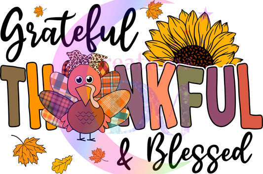 Thanksgiving DTF-grateful, thankful & blessed, (turkey & sunflower)