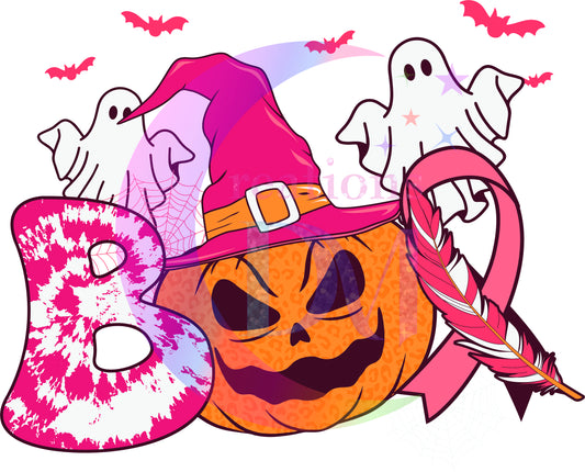 breast cancer awareness month - boo - pumpkin with ribbon and ghost