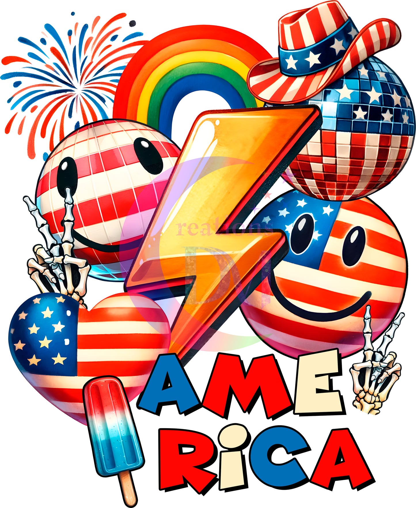 Fourth of July  -  America rainbow , smiley face and lightning