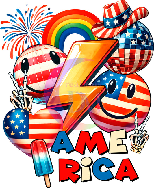 Fourth of July  -  America rainbow , smiley face and lightning