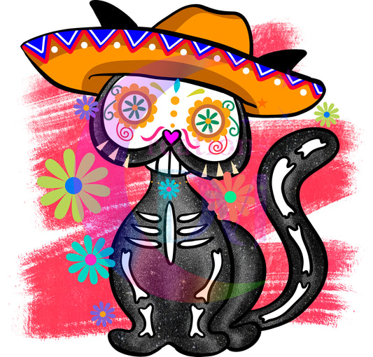 Dia de los muertos/Day of the Dead- black cat , pink background