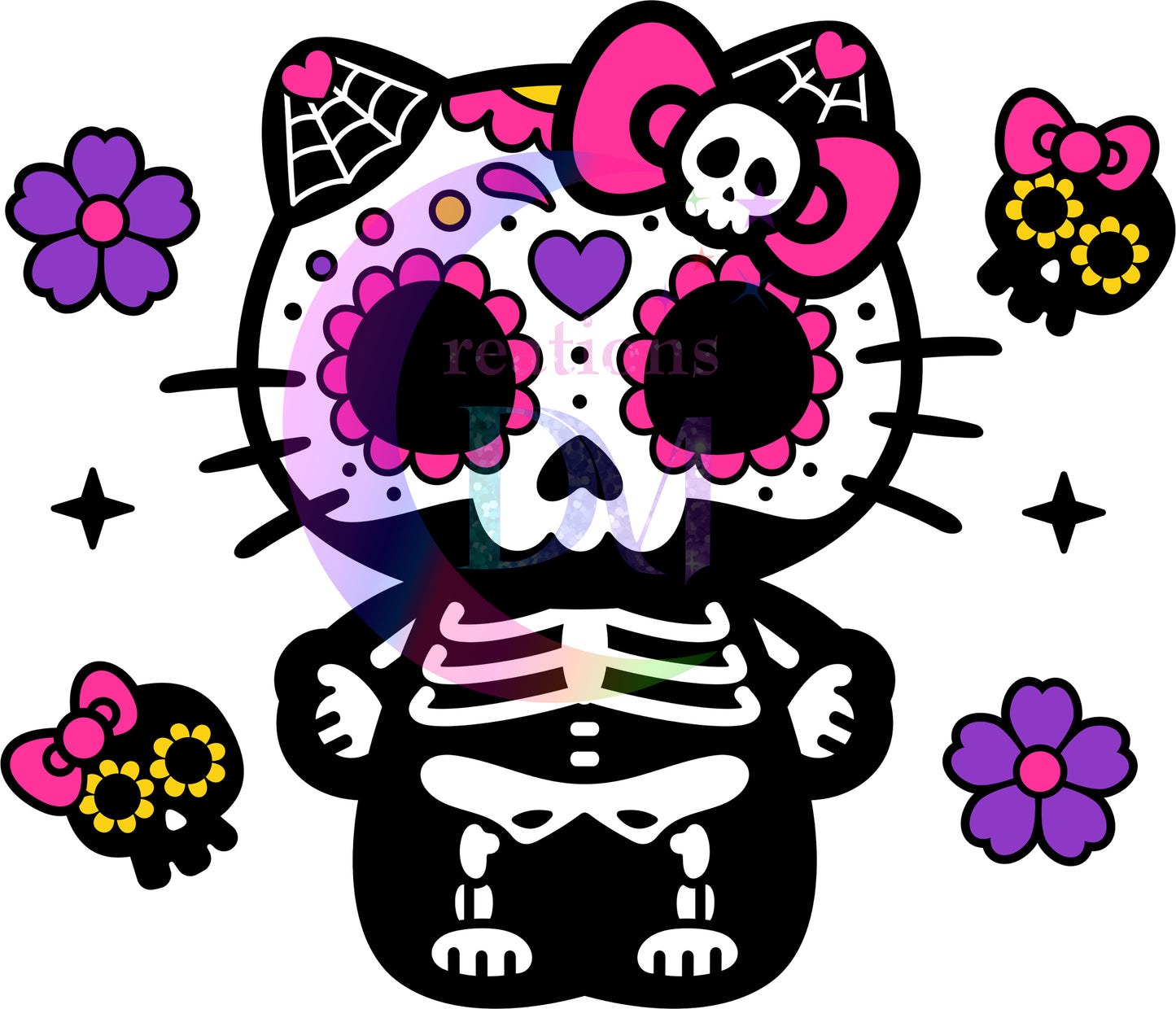 Dia de los muertos/Day of the Dead-  day of the dead hello kitty black background