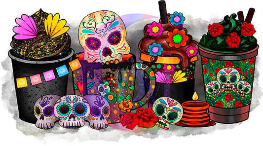 Dia de los muertos/Day of the Dead-  day of the dead coffee cups black background