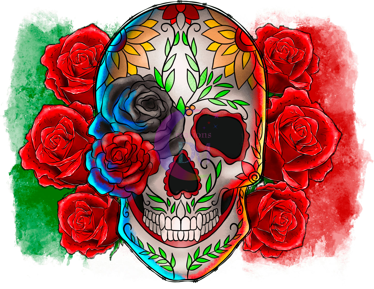 Dia de los muertos/Day of the Dead- Mexican flag , skull and roses