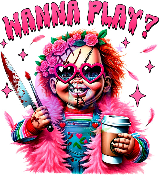 halloween DTF - wanna play chucky heart glasses pink