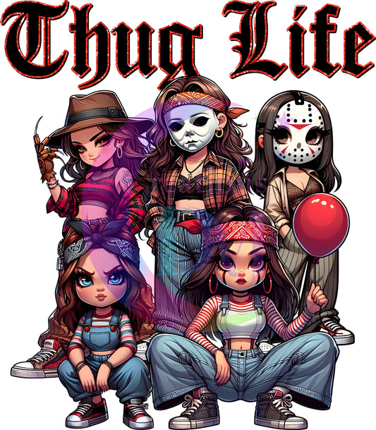 halloween DTF - thug life  , chicano style halloween female characters black with red outline  letters