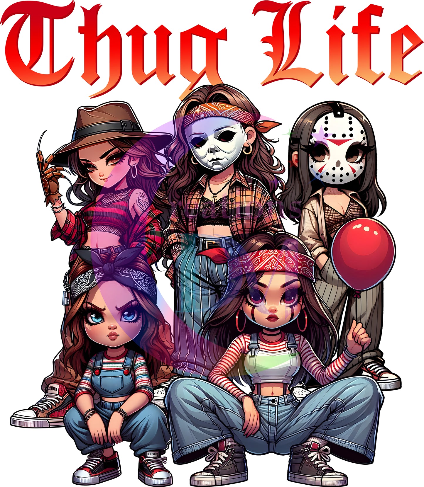 halloween DTF - thug life  , chicano style halloween female characters red letters