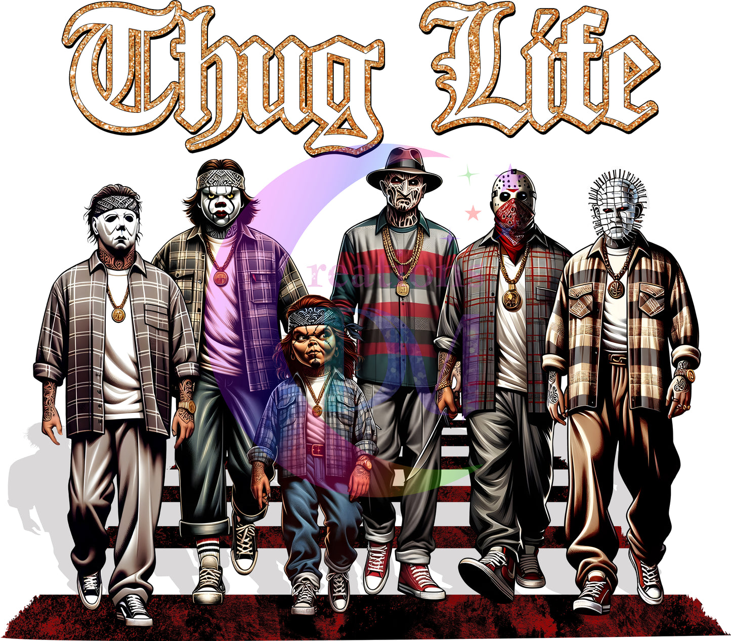 halloween DTF - thug life   , chicano style halloween  characters gold and black letters