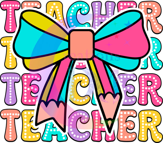 back to school DTF - retro with dots - teacher x4 ( pencil bow )