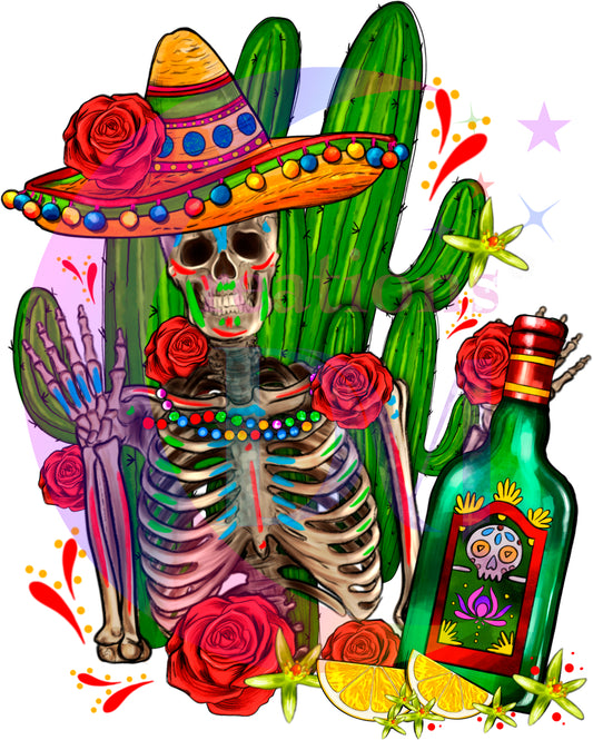 Dia de los muertos/Day of the Dead- skeleton with sombrero cactus