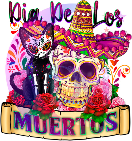 Dia de los muertos/Day of the Dead- skull with sombrero & cat