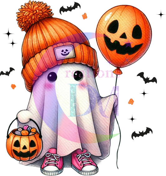 halloween DTF - ghost  with orange hat holding a pumpkin ballon