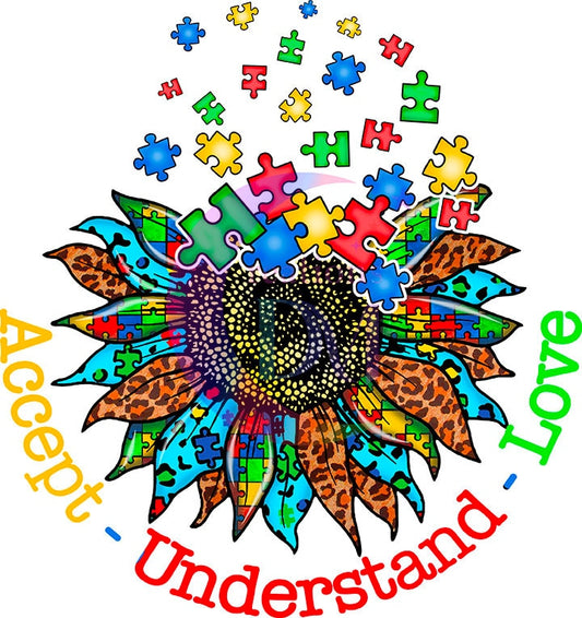 Autism DTF - awareness , understanding sunflower half circle