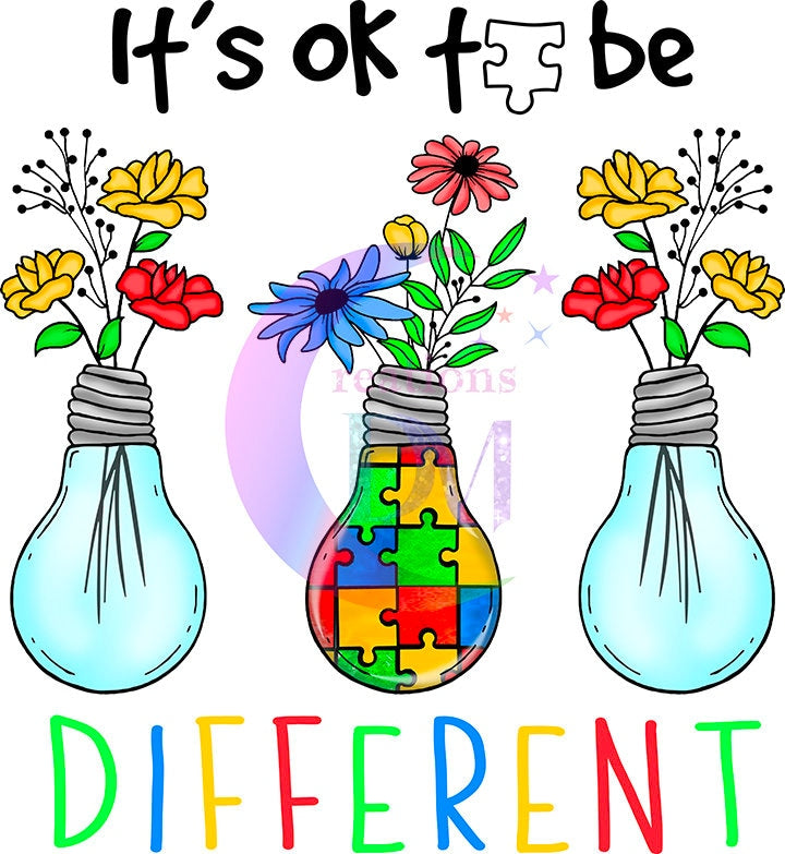 Autism DTF - its ok to be different x3 lightbulbs facedown