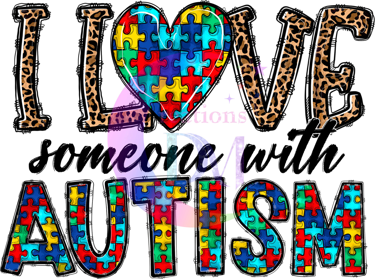 Autism DTF - I love someone with autism cheetah print with colors inside