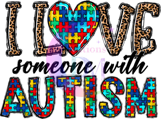 Autism DTF - I love someone with autism cheetah print with colors inside