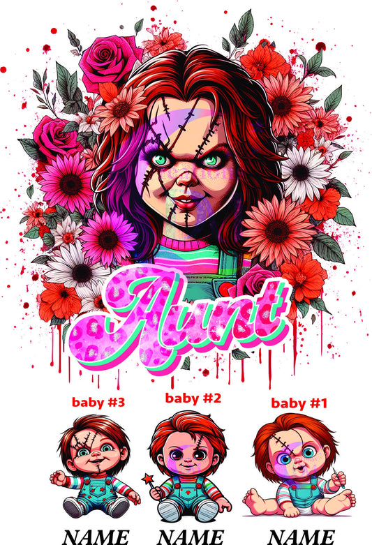 Mother's Day DTF personalization - Chucky "AUNT" flowers personalize add baby name