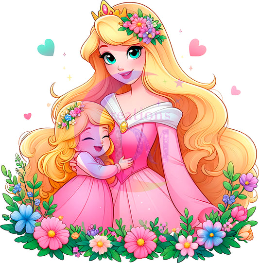 mothers day- Disney princess Aurora and daughter with flowers