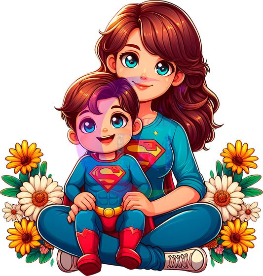 mothers day cartoon DTF - Superman mom and baby