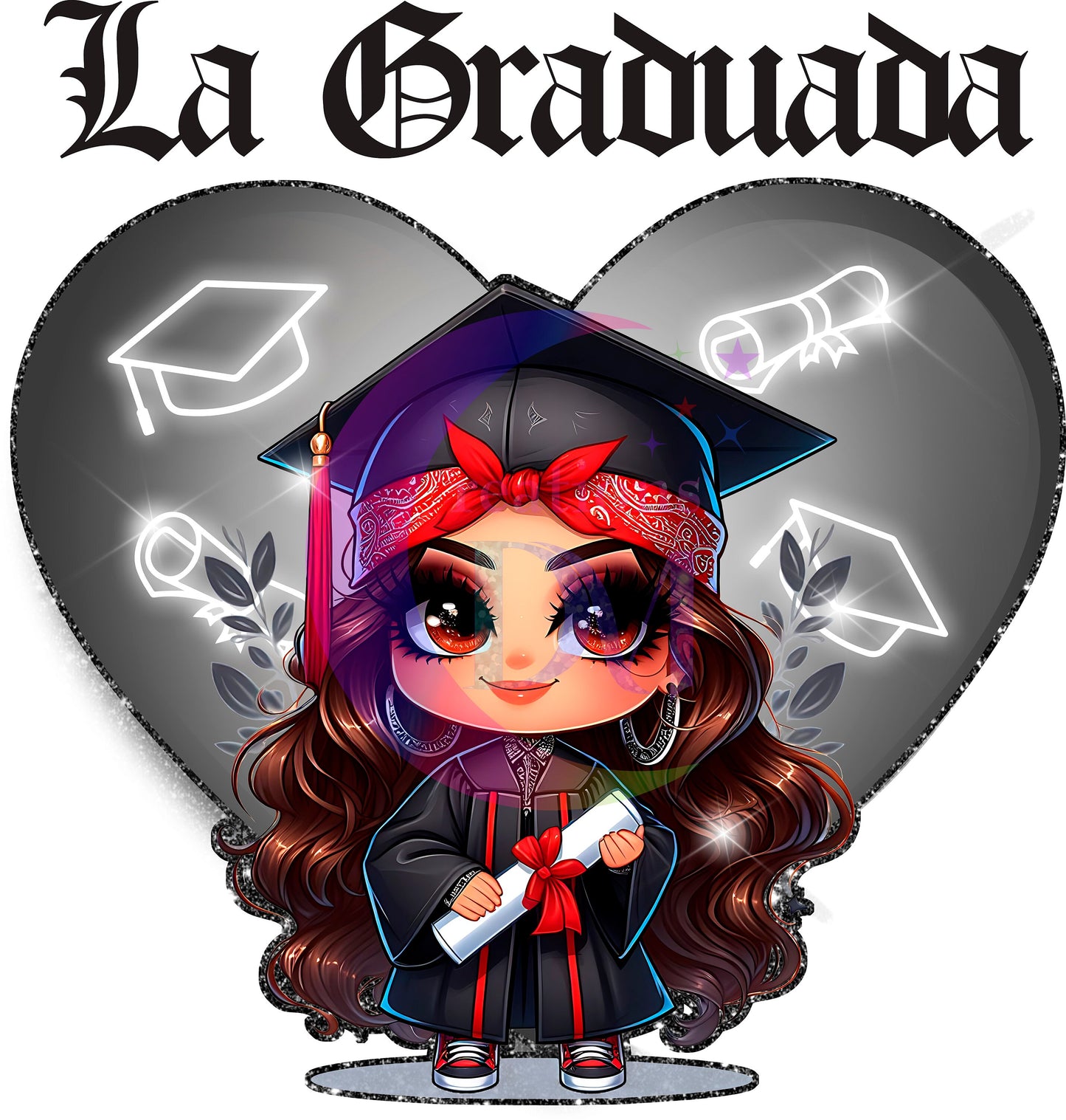 Graduation DTF - chicana/La Graduada/grey heart background