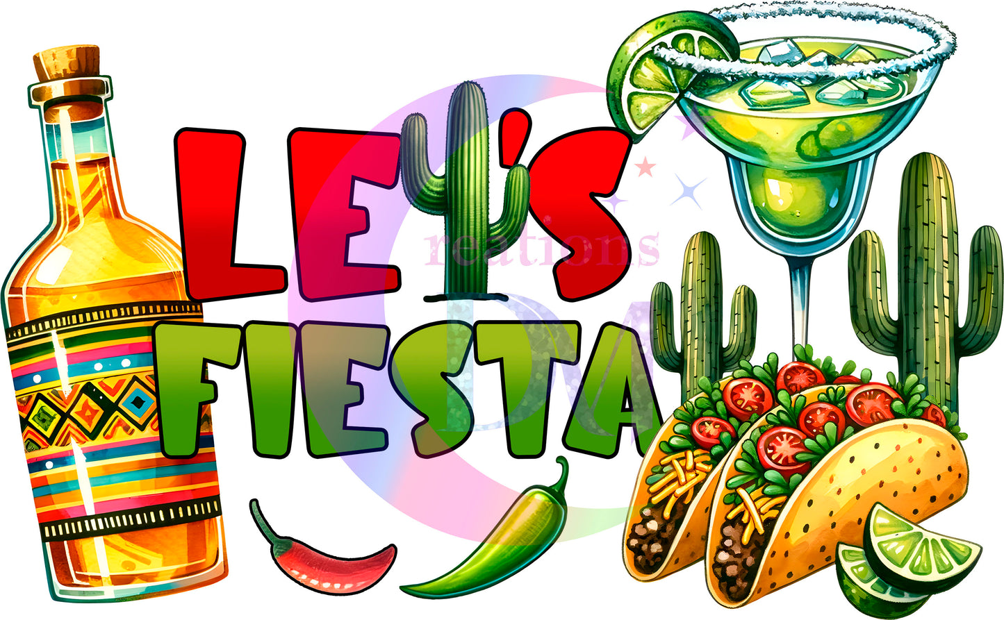 cinco de mayo DTF - lets fiesta , letters with tacos , margarita and tequila